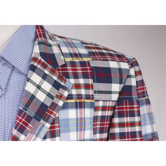 Etienne Aigner Men's Patchwork Madras Red Blue Plaid Cotton Blazer Large 44R - Picture 4 of 9
